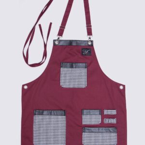 Dark red apron with black and white details