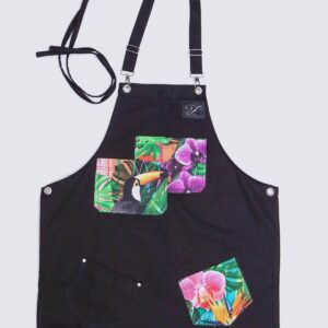 Black apron with multi coloured details