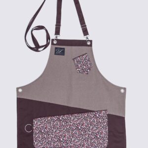 Dark red and beige apron with floral details