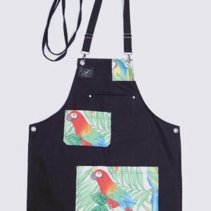 Black apron with parrots